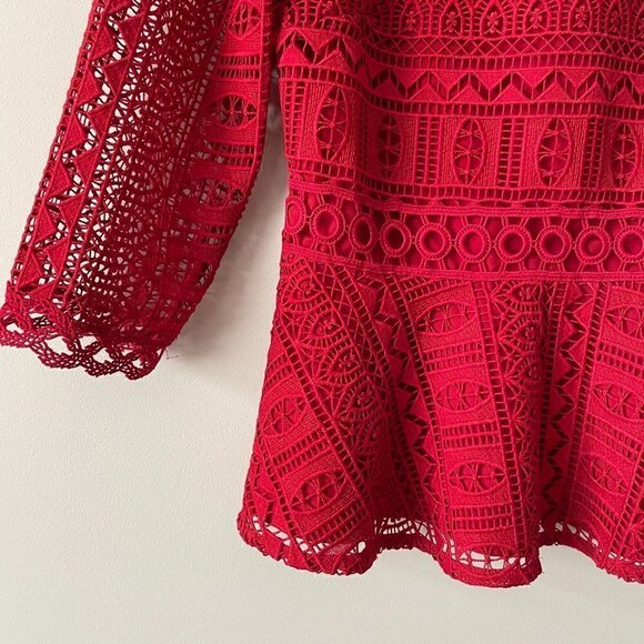 Moulinette Soeurs Tamera Geometric Lace Peplum Top 3/4 Sleeves Red 0 - Picture 5 of 8